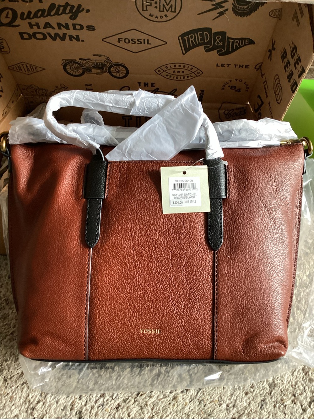 Fossil Brown Satchel with Black Handles
